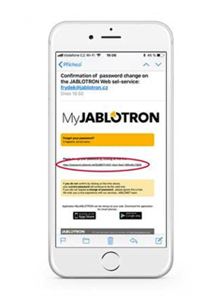 3. Jablotron sender dig en email med et link; tryk på linket og et nyt vindue vil åbne. Her vil du kunne skrive en ny kode.